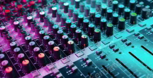 Preview: Close up of sound mixing console. Details of sound engineer room. Neon light