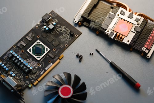 Preview: Top view of disassembled graphics card XFX GPU AMD fan screws screwdriver on a table