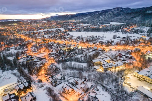 Preview: Zakopane in winter, cityscape in snow, aerial drone view