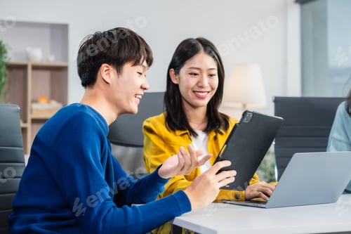 Preview: university classroom, diverse group young students Asian collaborate study together, sharing