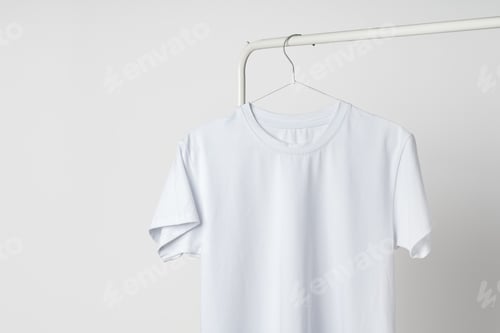 Preview: Plain white T-shirt hanging on hanger against white wall
