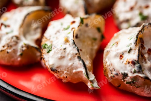Preview: Tandoori momo, veg or non veg in red and cream sauce, served with sauce. Nepal and Tibet recipe