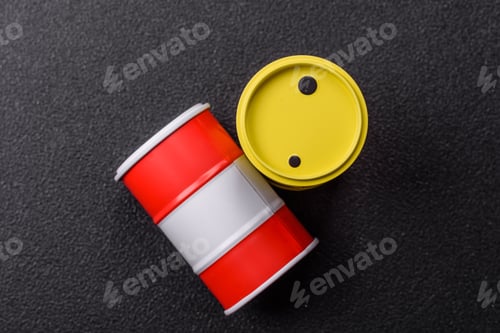 Preview: Metal barrels containing oil, gas, or chemicals, global fuel prices, and trends. Oil barrels