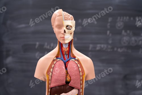 Preview: a human anatomy model on biology class, school blackboard on background