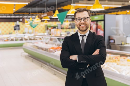 Preview: Supermarket manager smiling with crossed arms in front of refrigerated shelves