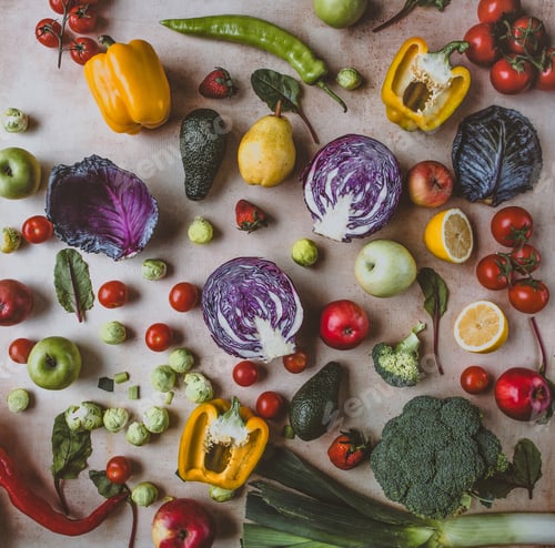 Preview: top view of pile of different fruits and vegetables on tabletop