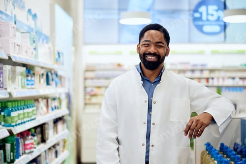 Preview: Smiling Pharmacist Standing in a Clean Pharmacy Store Aisle