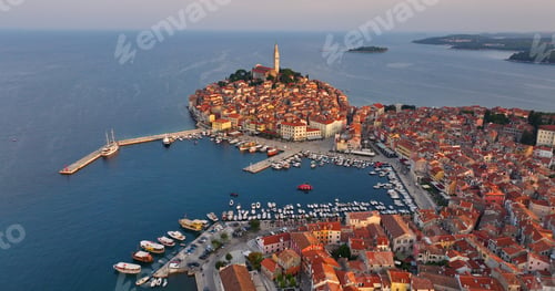 Preview: Aerial view of the beautiful Old Town of Rovinj in Croatia at sunrise, Istria
