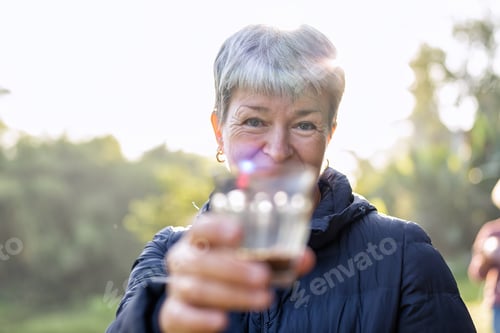 Preview: Family aunty mom on holiday travel drink morning coffee enjoy look green nature view relaxation