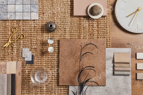 Preview: Flat lay of creative architect moodboard composition