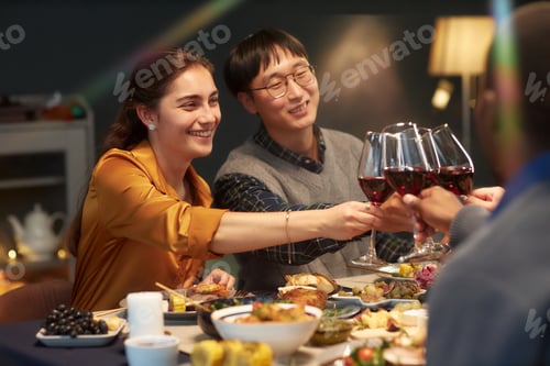 Preview: Smiling Woman Clinking Glasses Celebrating Christmas during Friends Gathering at Home Dinner