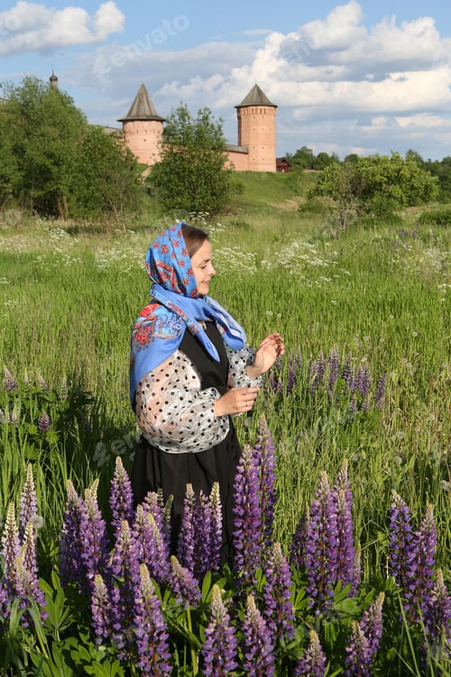 Preview: Field Of Summer Flowers, Lupinus, Lupins, Lupines. Russian Tourist Woman In Traditional National