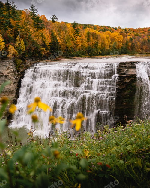 Preview: Beautiful foamy waterfall in Letchworth State Park in US in autumn on a gloomy day