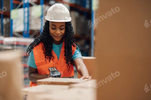 Preview: Female warehouse worker scanning package using barcode scanner