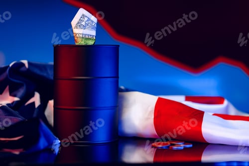 Preview: Oil prices fall concept. Oil barrel against decline chart