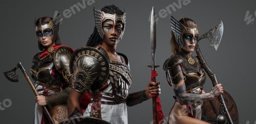 Preview: Three amazons with makeup and cold steel against grey background