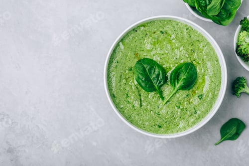 Preview: Green creamy spinach and broccoli soup on a gray concrete background.