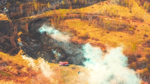 Preview: Bush Fire And Smoke. Drought Fire Engine, Truck On Firefighting Operation. Wild Open Fire Destroys