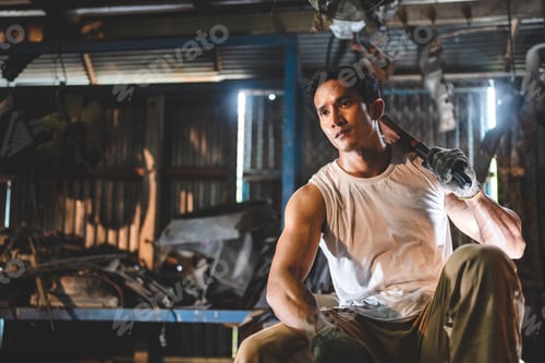 Preview: Vehicle automotive service guy worker doing check or mend car wheel, Asian mechanic repairman