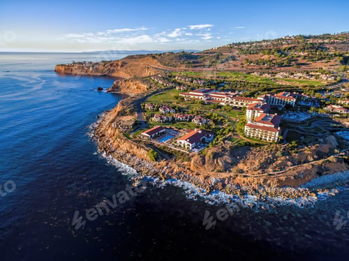 Preview: Terranea Resort at Rancho Palos Verdes, aerial view of a luxury resort on the coast of California.