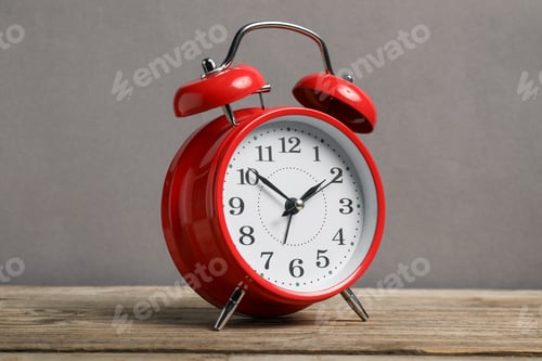 Preview: One red alarm clock on wooden table against grey background