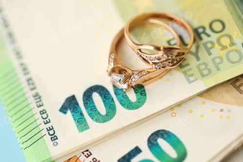 Preview: European union Euro money bills and coins with wedding rings on blue table