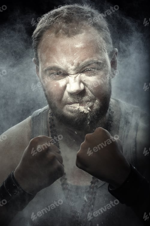Preview: Brutal angry man covered by the dust