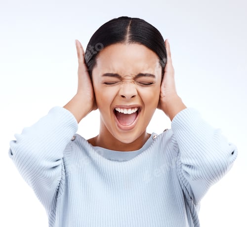 Preview: Shouting, woman and hands on ears for noise, silence and denial gesture on studio white background.