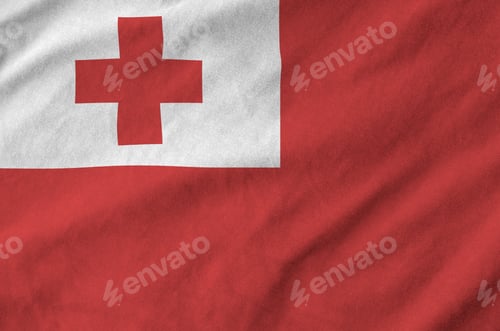 Preview: Tonga flag depicted on folded wavy fabric of old cloth