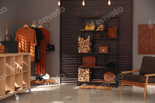 Preview: Collection of stylish woman's bags and clothes in modern boutique