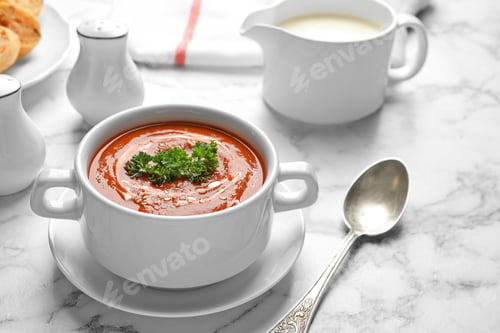 Preview: Dish with fresh homemade tomato soup on marble table. Space for text