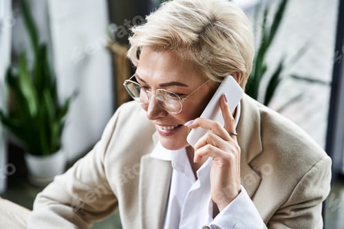 Preview: Stylish adult woman in elegant attire making a phone call in a modern workspace