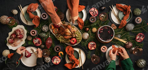 Preview: People feasting with roast chicken and hot wine for Christmas