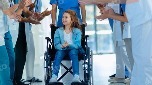 Preview: Medical staff clapping to little girl patient who recovered from serious illness.