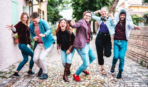 Preview: Multicultural friends walking at old town acting crazy funny moves