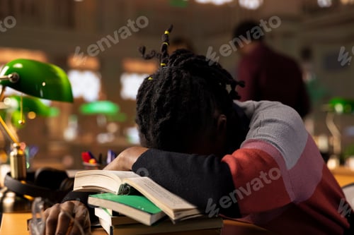 Preview: African american pupil sleeping on her books pile after a long night of studying