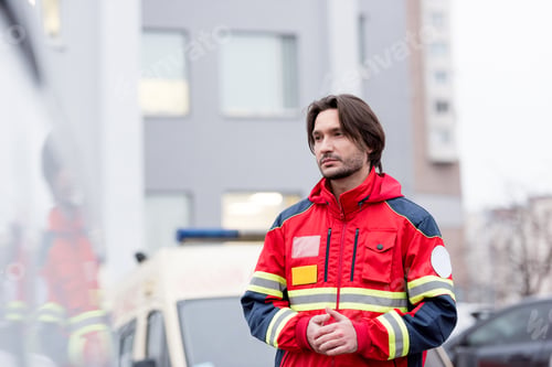 Preview: Pensive paramedic in red uniform standing on street