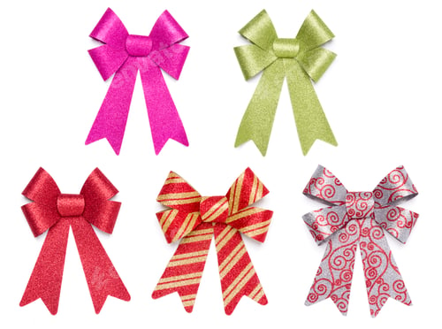 Preview: Set of Five Multicolored Glitter Bows and Ribbons on White Background.