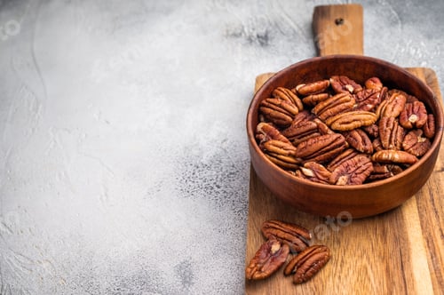 Preview: Fresh pecan nuts arranged in a rustic wooden bowl