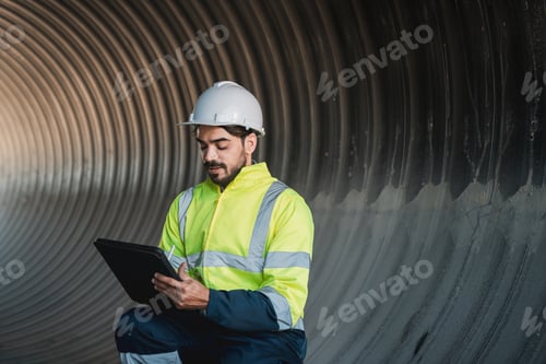 Preview: Engineers working inside a large steel pipe of a tunnel foundation.