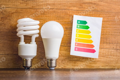 Preview: Energy saving light bulb and energy label. Fluorescent and led Lightbulb on wooden table.