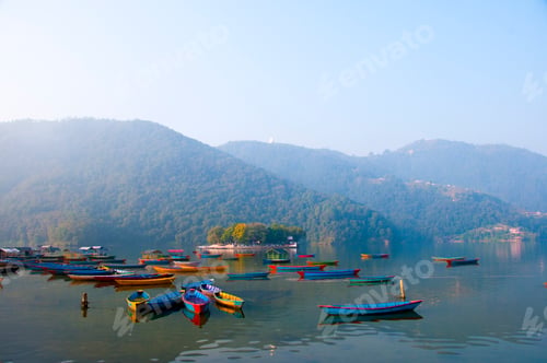 Preview: Colorful wooden boat at Fewa lake, Pokhara, Nepal.