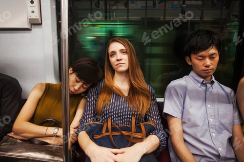 Preview: Three people, two women and man, sitting side by side on a subway train, Tokyo commuters.