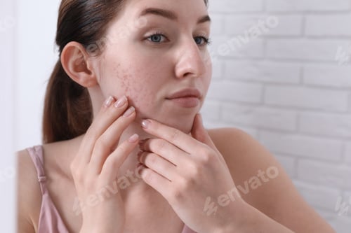 Preview: Woman with acne problem near mirror indoors