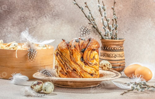 Preview: Delicious Easter bread cake with raisins and colorful eggs on festive Easter table