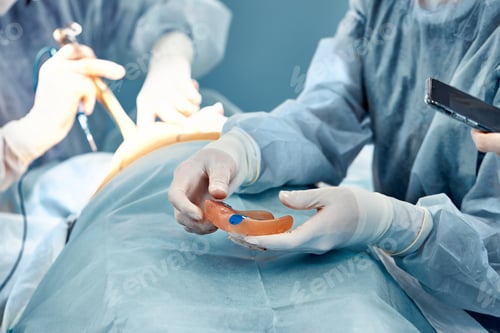 Preview: Damaged female breast implant in the hands of a surgeon, surgery to replace breast implants