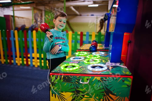 Preview: Boy play in hit the hamster game machine at indoor playground.