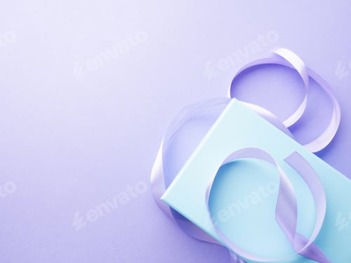 Preview: Wrapping blue pastel present box with ribbon on purple background