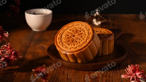 Preview: Delicious traditional Chinese moon cakes and tea on wooden background.