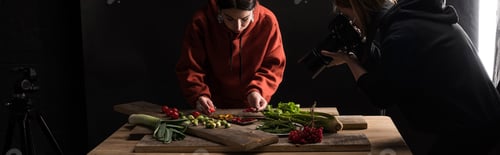 Preview: professional photographers making food composition for commercial photography and taking photo on